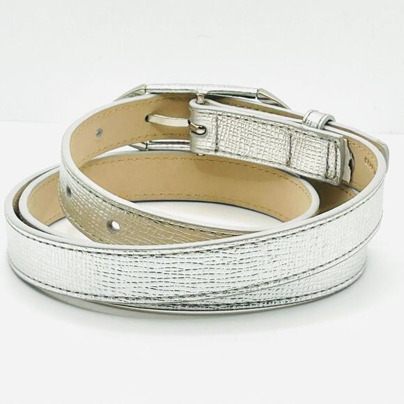 Cole Haan Silver Metallic Textured Leather Chic Skinny Belt - Picture 5 of 8